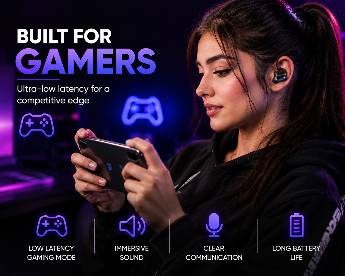 M25 BT5.3 Wireless Sport Earbuds with Environment Noise Cancelling, IPX7 Waterproof, Bluetooth Stereo, 4 Built-in Microphones, Premium Sound and Deep Bass (Black)